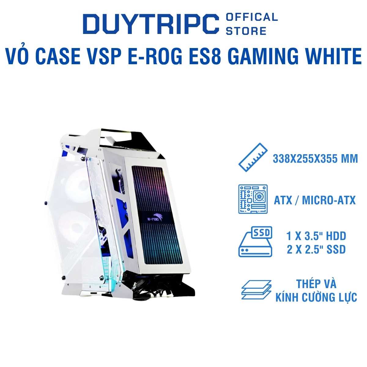 Vỏ Case VSP E-Rog ES8 Gaming White – Full Kính Cường Lực, Thiết Kế Gaming Cao Cấp, Hỗ Trợ Tản Nhiệt Mạnh